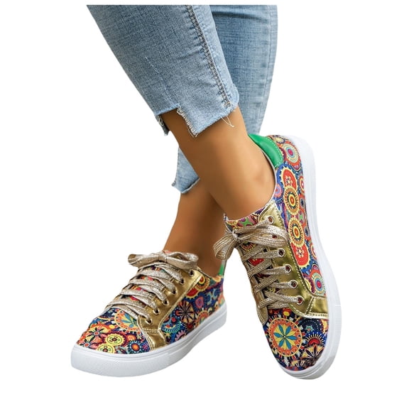 Womens Canvas Shoes VIntage Bohemian Print Lace up Tennis Shoes Low Top Fashion Sneakers Casual Skateboard Athletic Shoes Gold Size 8.5