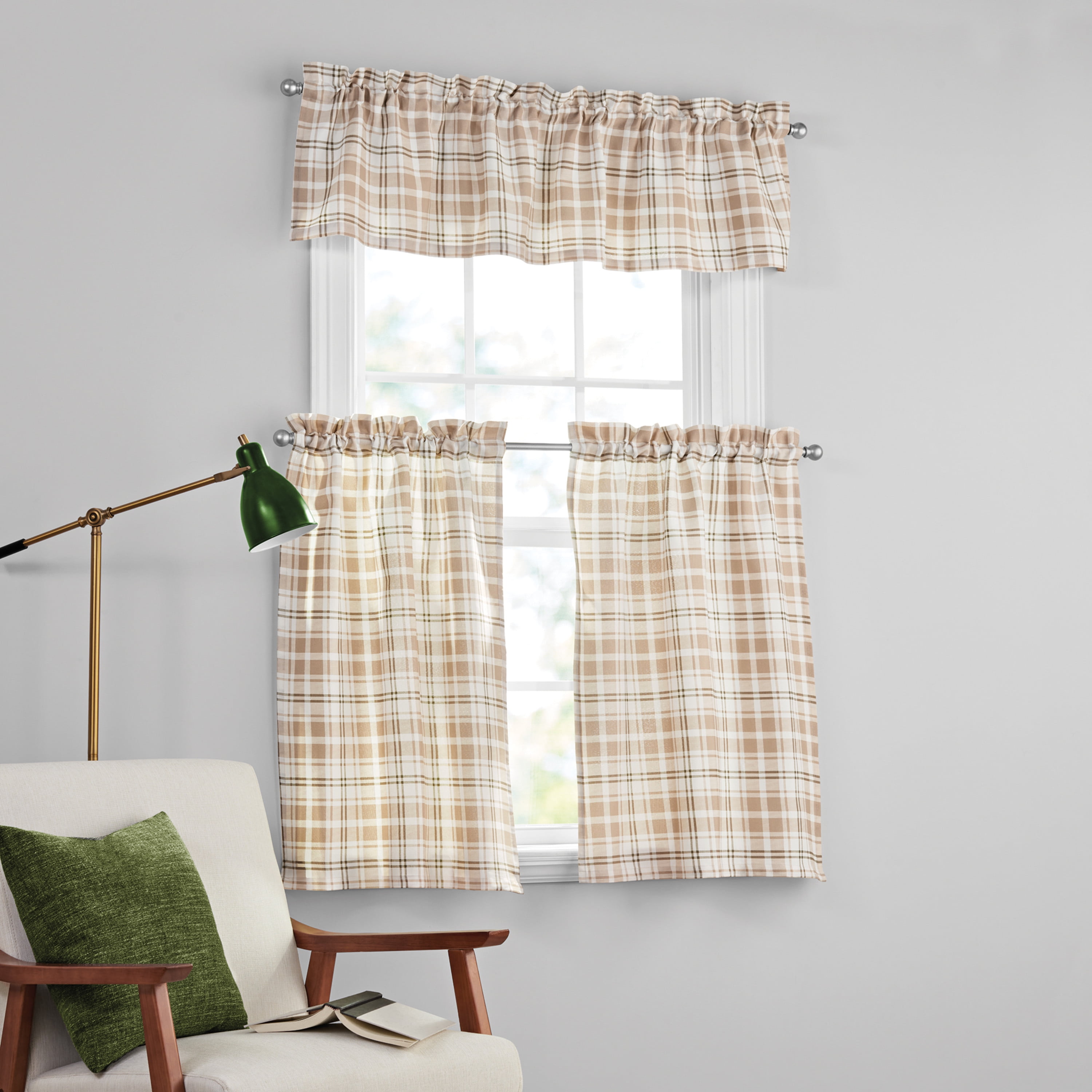 Mainstays Printed Tiers and Valance Set, 3-Piece, Beige, 56 in W x 36 in L