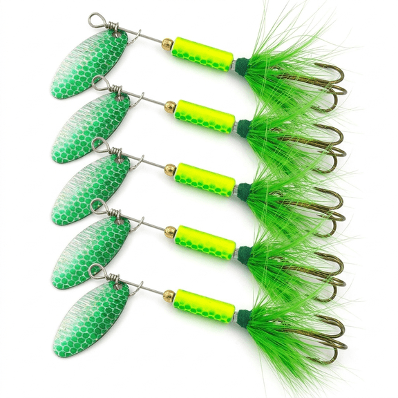 Saltwater Fishing Lures, 5 Pack 4.3g Glide Bait Hex Pattern Green Mesh Inline Spinner with Feathered Treble Hook, Pike Lures for Bass, Walleye, Night Fishing Gear