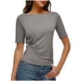 thumbnail image 3 of Imitation Linen Short Sleeve V Neck Shirt Blouse Top Loose Fit Breathable Solid Color Irregular Hem Casual Fashion Summer | CSEONE,Gray L, 3 of 9