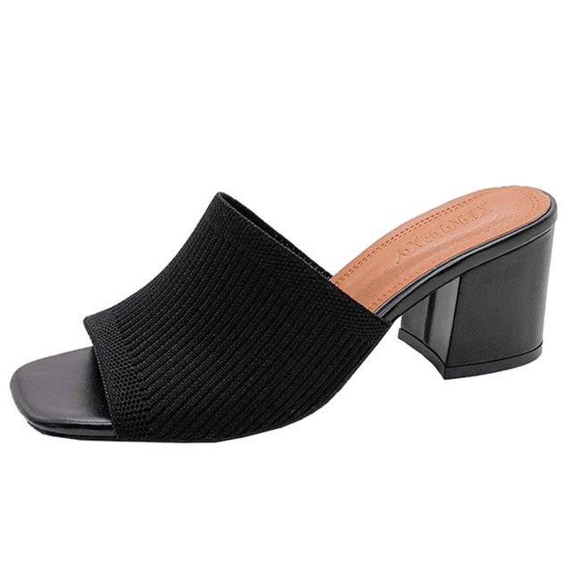 Sandalias de tacón con punta abierta cuadrada de punto zapatos de tacón para mujer verano elegante