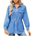 thumbnail image 2 of Wiyuqeen Womens Button Down Jean Tunic Elegant Pleated Waist Denim Coat Soft Lightweight Long Jean Jackets Lapel Long Sleeve Denim Shirt, 2 of 7