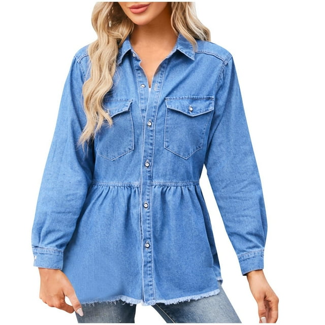 AherBiu Jean Shirt Jackets for Women Button Down Lapel Long Sleeve Ruffle Vintage Denim Jacket Coats Streetwear