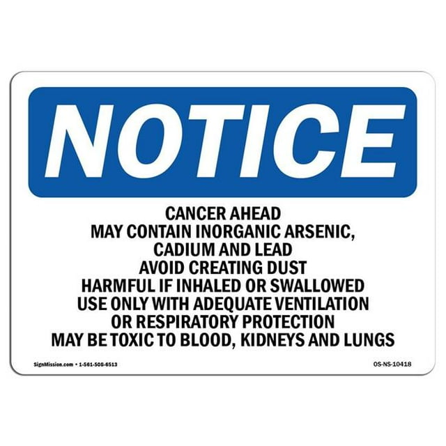 SignMission OS-NS-A-1218-L-10418 Panneau de Signalisation de 12 x 18 Po - Risque de Cancer Pouvant Contenir de l'Arsenic Inorganique