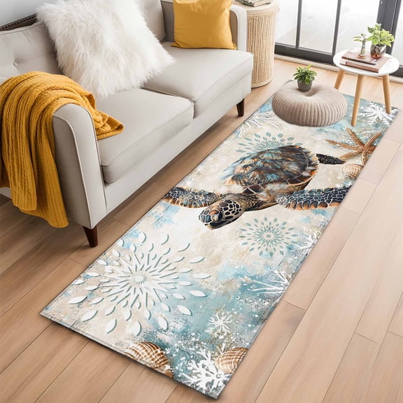 2'x6' Rug Runners for Hallways Kitchen, Sea Turtle Coastal Non Slip Entryway Beside Floor Carpet Runner, Nautical Summer Beach Starfish Washable Laundry Room Bedroom Throw Rugs Mat for Family Pet