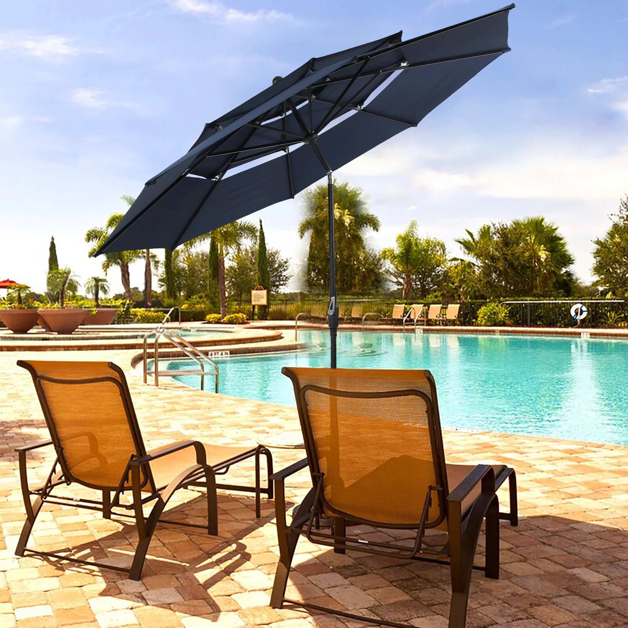 SUMMIT LIVING 10ft Patio Umbrella 3-Tier Vented Outdoor Market Table Umbrella with Auto-Tilt – Navy Blue