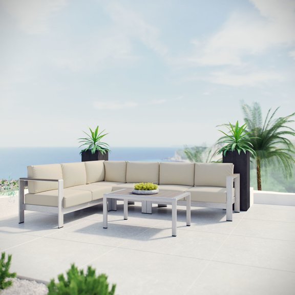 Modway Shore 5 Piece Outdoor Patio Aluminum Sectional Sofa Set in Silver Gray