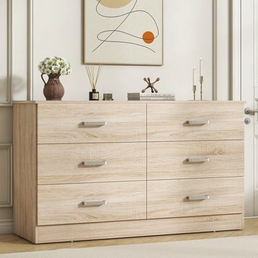6 Drawer Oak Double Dresser Wood Storage Cabinet With Easy Pull Out Handles For Living Room Chest Of Drawers For Bedroom