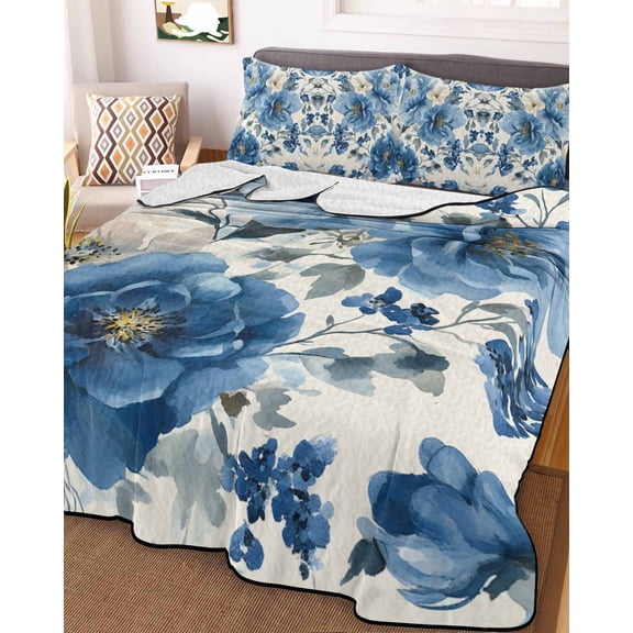 Blue Flower Full Size Down Alternative Comforter, Lightweight Comforter Quilt Bedding Set with Pillow Shams White Floral Watercolor Botanicals Blossom All Seasons Bed Comforter Duvet Insert 78"x90"