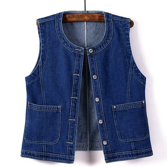 Zedker Women's Sleeveless Denim Vest V Neck Button Down Jean Waistcoat Casual Jacket with Pockets Dark Blue Plus L