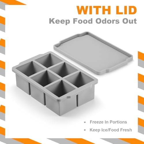 Large Ice Cube Tray with Lid Pack of 2, Stackable Big Silicone Square Ice Cube Mold for Whiskey Cocktails Bourbon Soups Frozen Treats, BPA Free