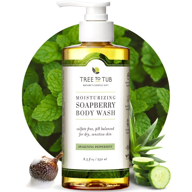 Jabón corporal de menta Tree to Tub para piel sensible y piel seca, jabón corporal vegano sin sulfato hidratante con pH equilibrado y aloe vera orgánico