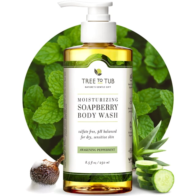 Jabón corporal de menta Tree to Tub para piel sensible y piel seca, jabón corporal vegano sin sulfato hidratante con pH equilibrado y aloe vera orgánico