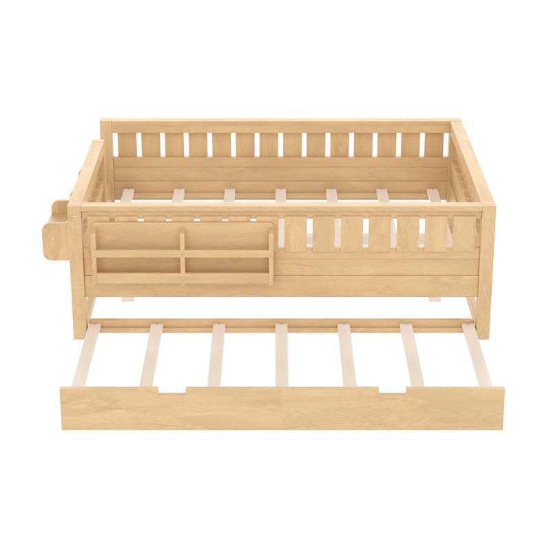 Full Size Low-Profile Kid's Platform Bed with Built-in Bookshelves & Small Staircase, Wooden Bed Frame with Safety Rails & Trundle