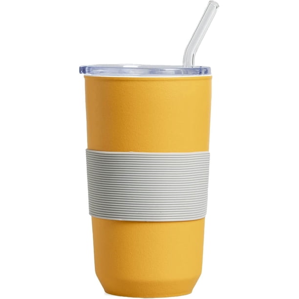 Vaso con pajita y tapa Taza de viaje de 20 oz Taza aislada de cerámica A prueba de salpicaduras Vacío A prueba de fugas Revestimiento forrado de cerámica Taza de café de viaje Taza de agua (amarillo dorado) Sincero Electrónica
