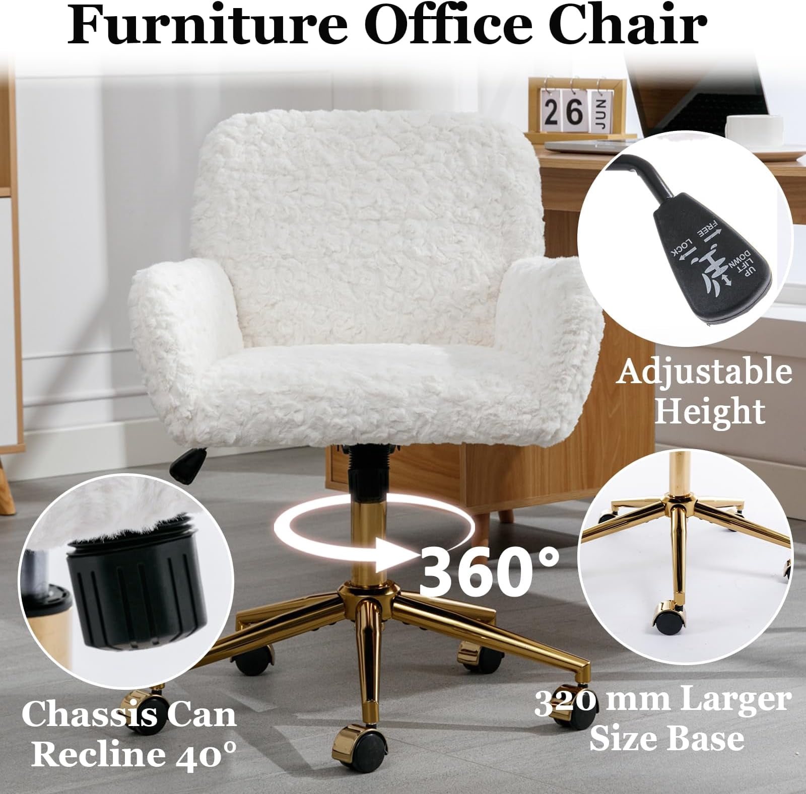 JESTOP Furry Cute Office Chair, Modern Swivel Desk Chair with Wheels, Adjustable Makeup Vanity Chairs with Back, Upholstered Rolling Chairs for Vanity Makeup Room Study Indoor