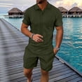 thumbnail image 2 of Timoontee Men's Summer Casual Breathable Tracksuits Short Sleeve Button Lapel Hollowed Out Shirts and Elastic Waist Shorts Solid 2 Piece Outfits for Daily Wear Army Green S, 2 of 3
