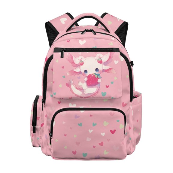 HELLHERO Pink Axolotl Strawberry Pattern Multi-Pocket Casual Daypack for School Travel, Compartment Breathable Polyester School Backpack