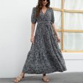 thumbnail image 2 of Softmallow Women Waist Dresses Summer Beach Boho Floral Print Swing Maxi Dress V Neck Short Sleeve A Line Dress with Belt Black M, 2 of 6
