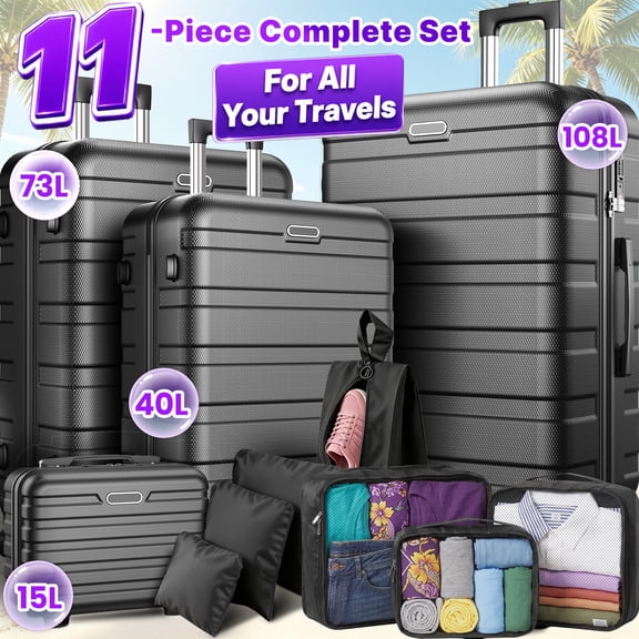 11-Piece Hardshell Luggage Set, 28/24/20 Spinner Suitcase, Carry-on, Toiletry Bag & Packing Cubes, Durable Travel Set with 360° Wheels & Lock
