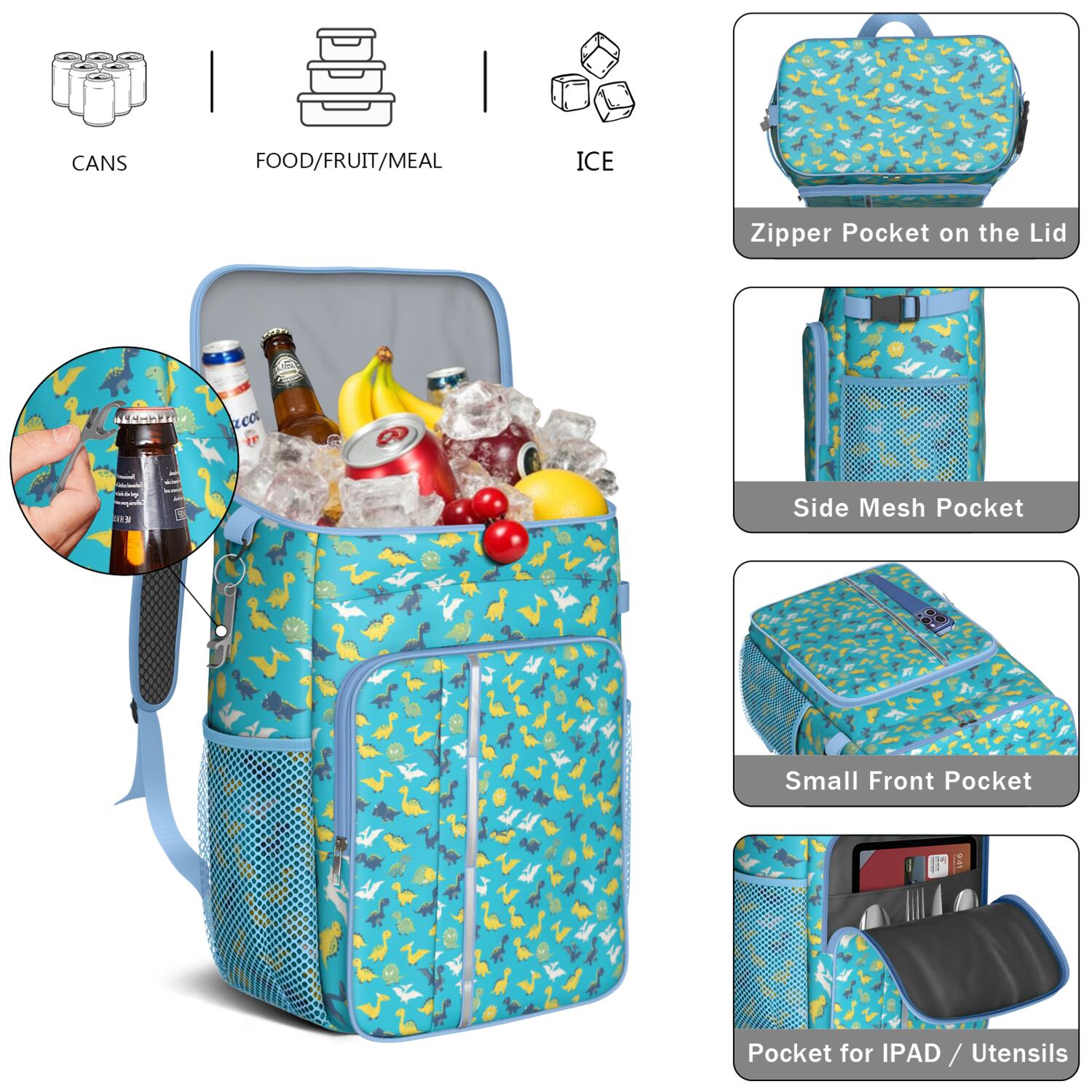 Travel Cooler Bag - Blue Cartoon Dinosaurs Pattern Camping Beer Cooler Backpack with Bottle Opener- Waterproof Insulated Picnic Backpacks - Cooler Bag for Beach