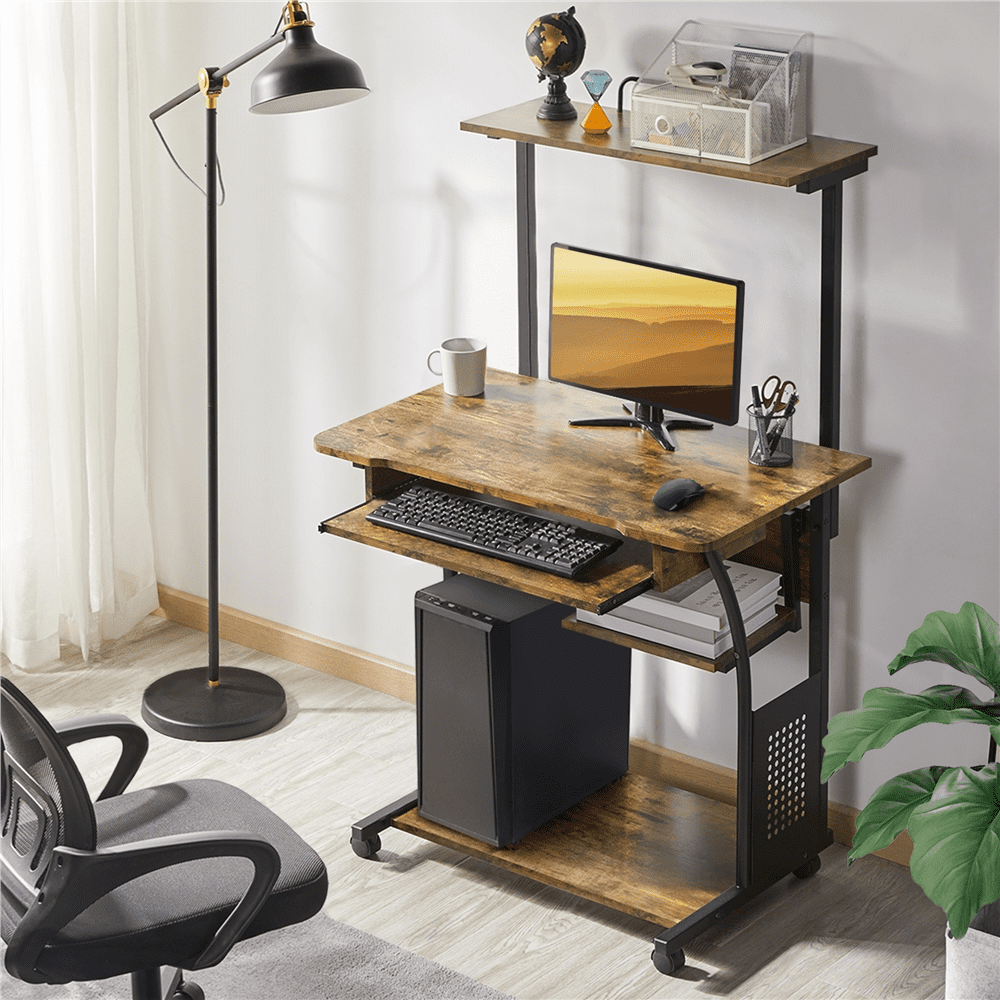 Topeakmart 2-Tier Rolling Computer Desk with Keyboard Tray, Rustic Brown