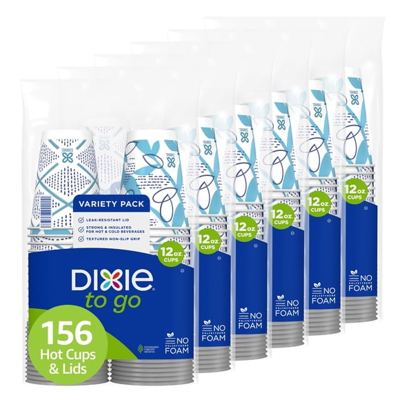 Dixie To Go Paper Coffee Cups With Lids, 12 oz, 156 ct, Disposable Insulated Paper Cups for On-The-Go Hot or Cold Beverages
