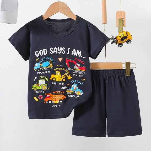 SHenli Two Pieces Sets for Boys God Says I Am Car Print Short Sleeve Set Soild Shirt Top & Shorts for Summer Hoilday