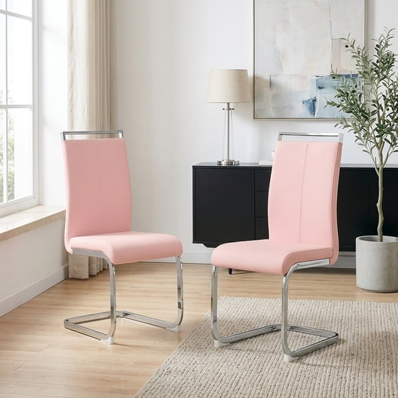 Set of 2 Pink PU Dining Chairs with Silver Curved Metal Legs