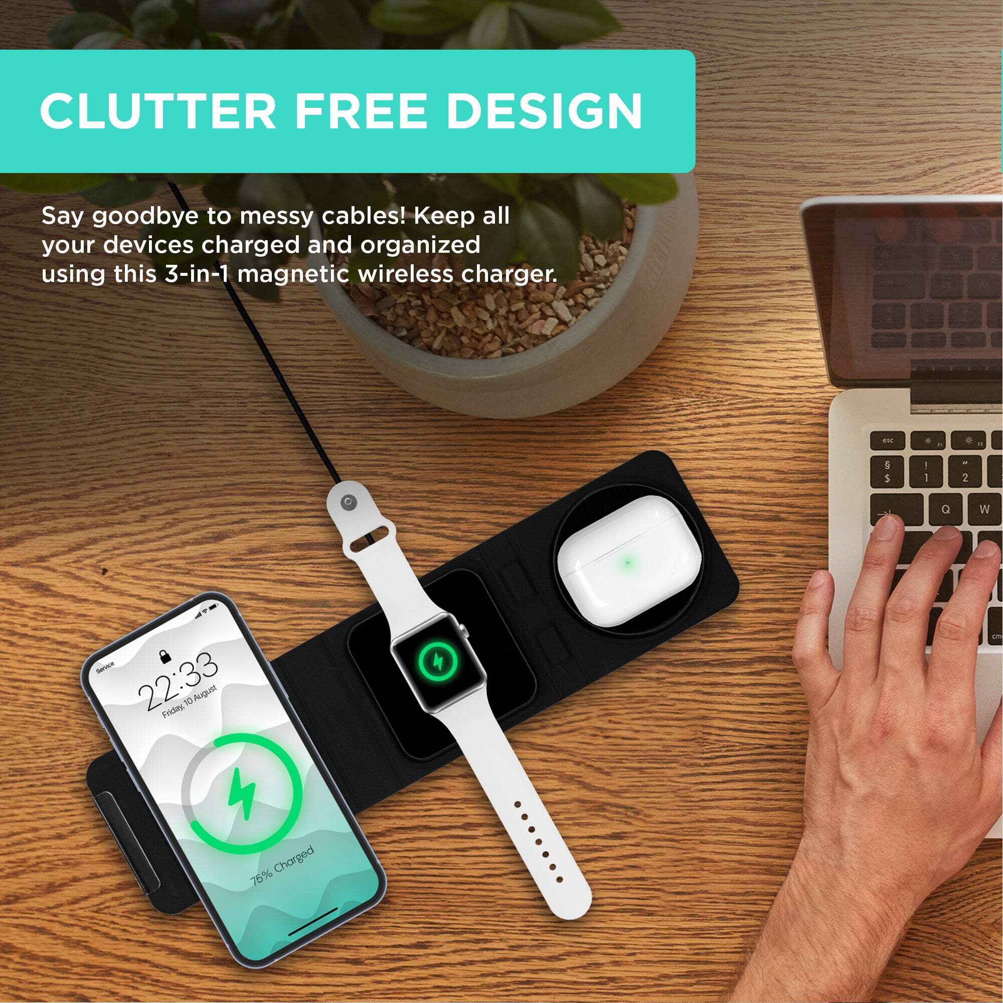 iHome 3-in-1 Foldable Wireless Charging Kit, 15W Charger for iPhone, Apple Watch & AirPods, 20W USB-C Wall Charger & 6ft Cable