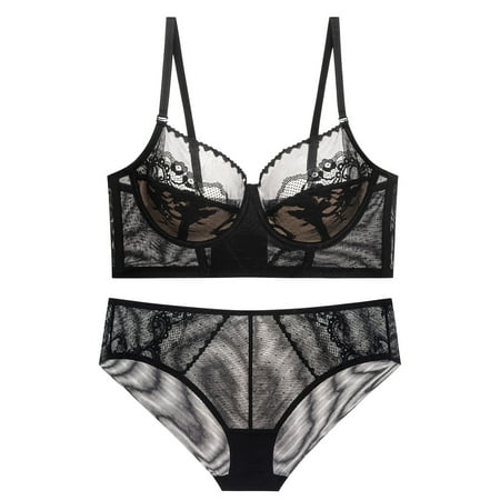 

Odeerbi Lightly Lined Minimizer Bra for Women Lace Slim Soft Steel Ring Gathering Bra Underwear Set Black