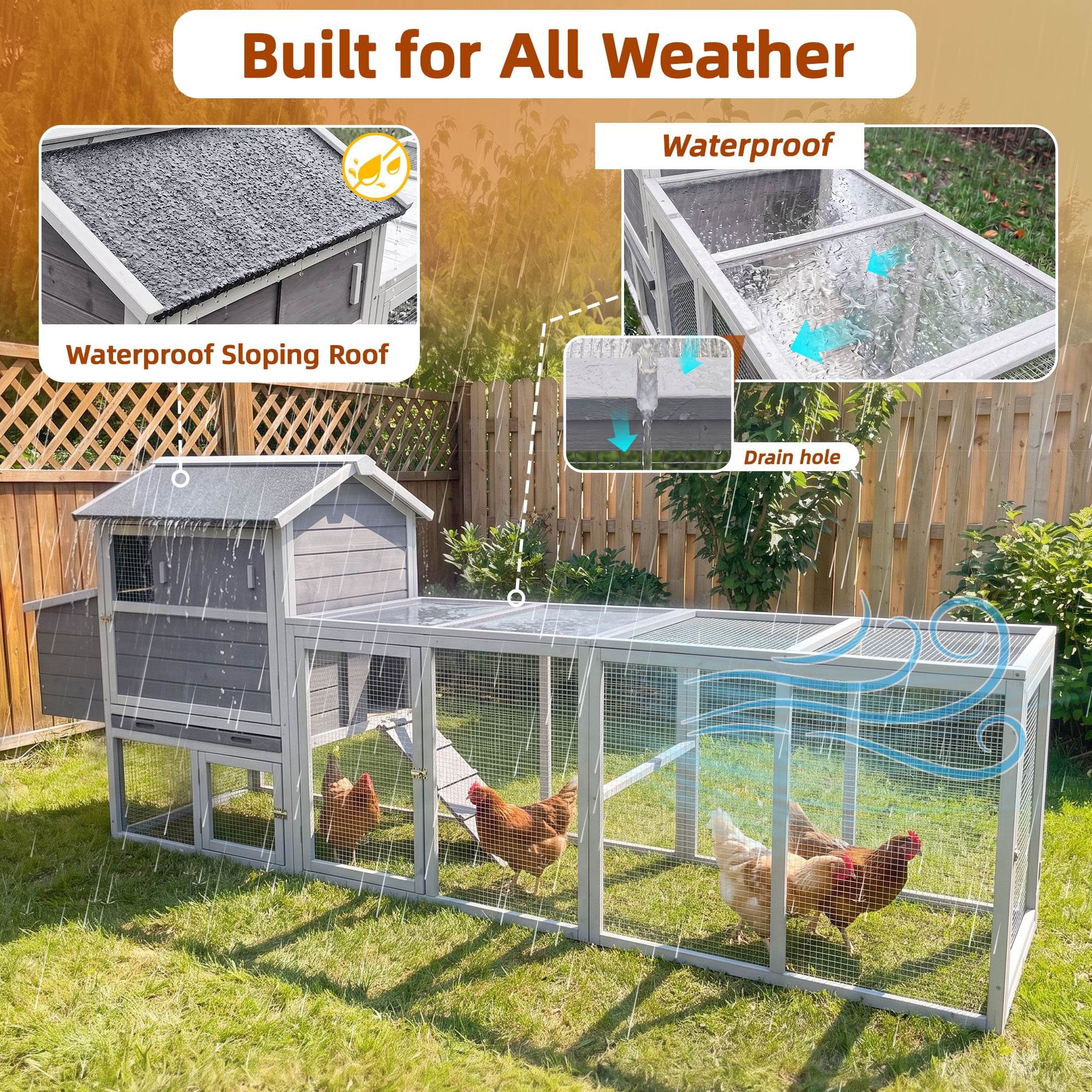 Backyard Chicken Coop with Nesting Box, Weather Resistant Wooden Hen House, Walk-In Run Options, Fits 2-6 Chickens, Gray Coop with Run
