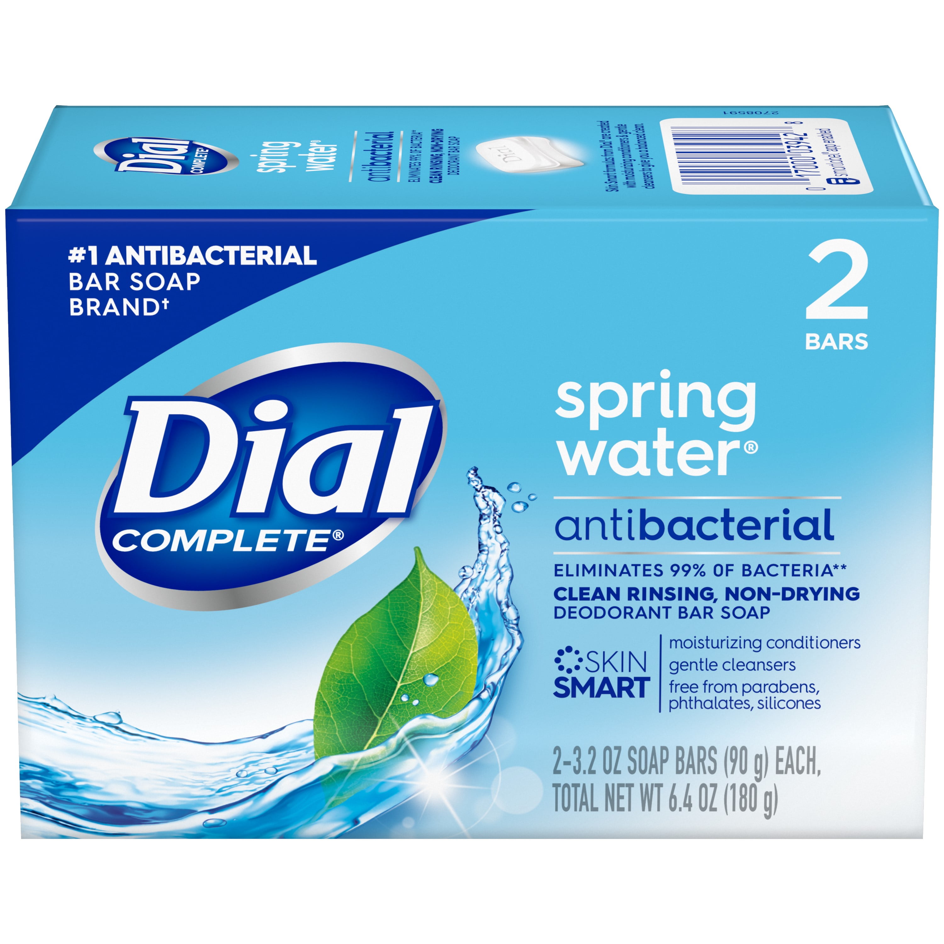 Dial Complete Antibacterial Deodorant Bar Soap, Spring Water, 3.2 oz, 2 Bars