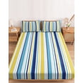 thumbnail image 2 of Twin Sze Fitted Sheet Set - Blue Yellow Striped 2 Piece Bedding Sets 16" Deep Pocket Fitted Sheet with 1 Pillowcase, Farmhouse Navy Blue Ombre Stripes Brushed Microfiber Hotel Luxury Bed Sheets, 2 of 9