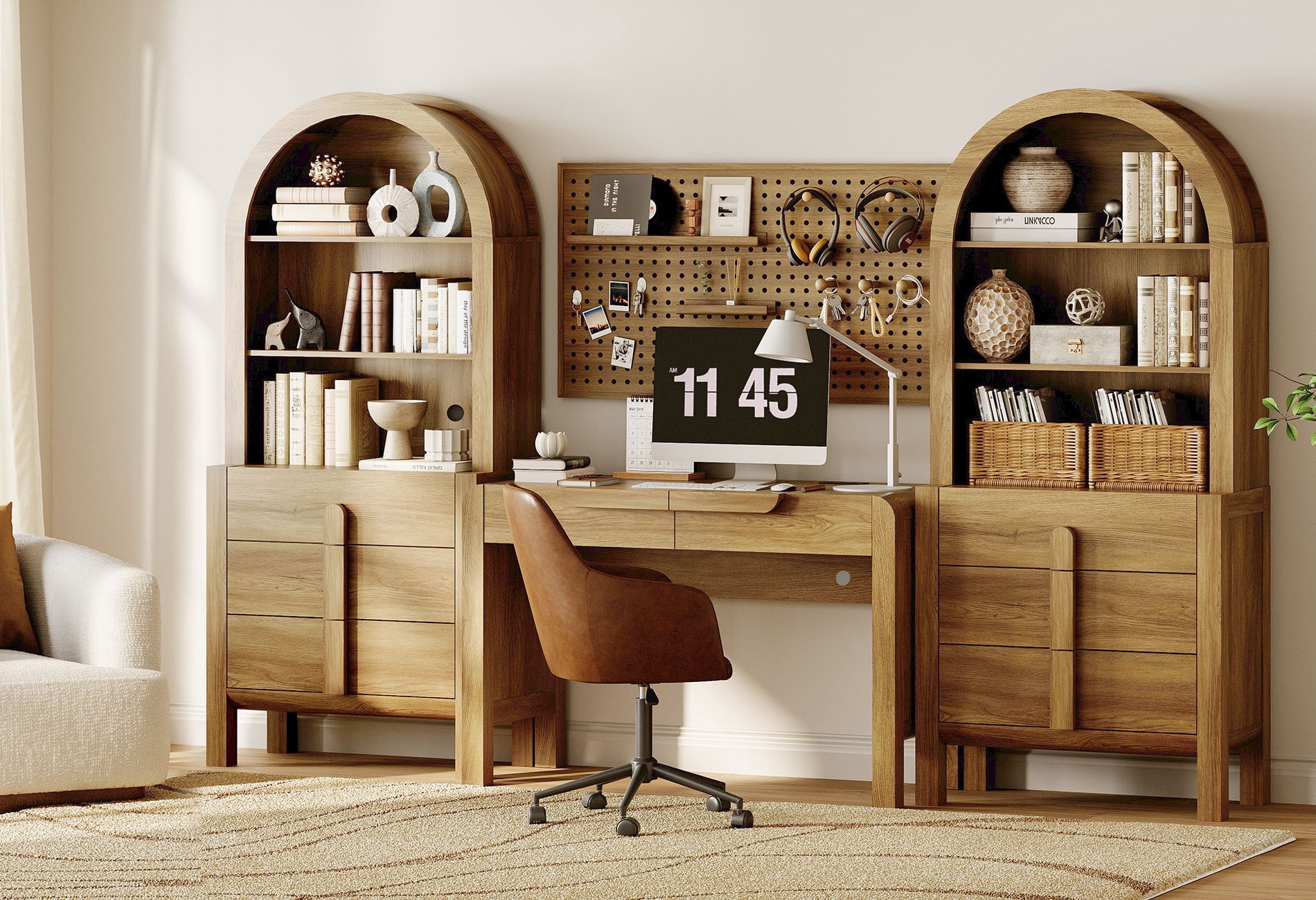 Home Office Set, 47" Modern Executive Desk with Charging Station and Drawers & 2 Piece 71"H Tall 3-Tier Arched Bookcases with Open Storage for Living Room, Bedroom, Home Office