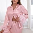 thumbnail image 3 of Conjunto de pijama de satén con plumas para mujer, ropa de dormir informal, con un solo pecho y cuello vuelto, color liso, 3 of 4