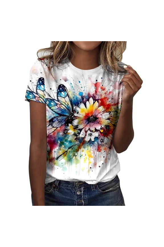 Women T Shirts Fun Dragonfly Print Classic Short Sleeve Tees Tops Vintage Floral Trendy Casual Round Neck Blouses