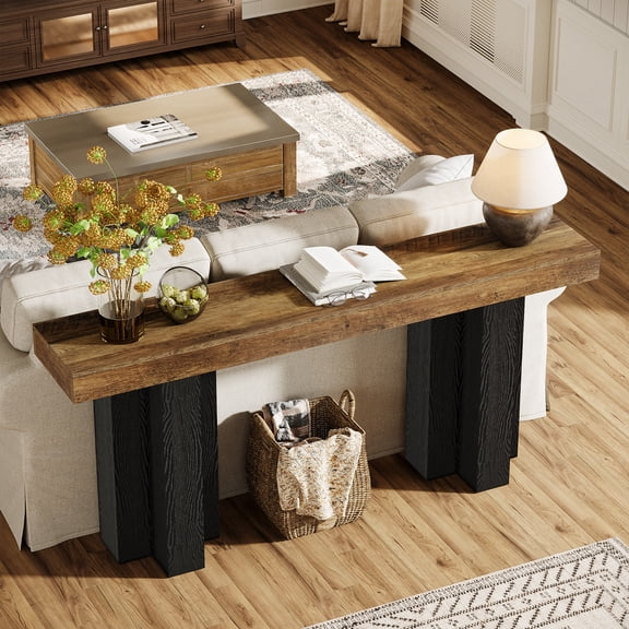 Finmind Farmhouse Console Table , 63-Inch Long Entryway Table with Sturdy Legs, Narrow Sofa Table Behind Couch for Living Room, Rustic Brown & Black