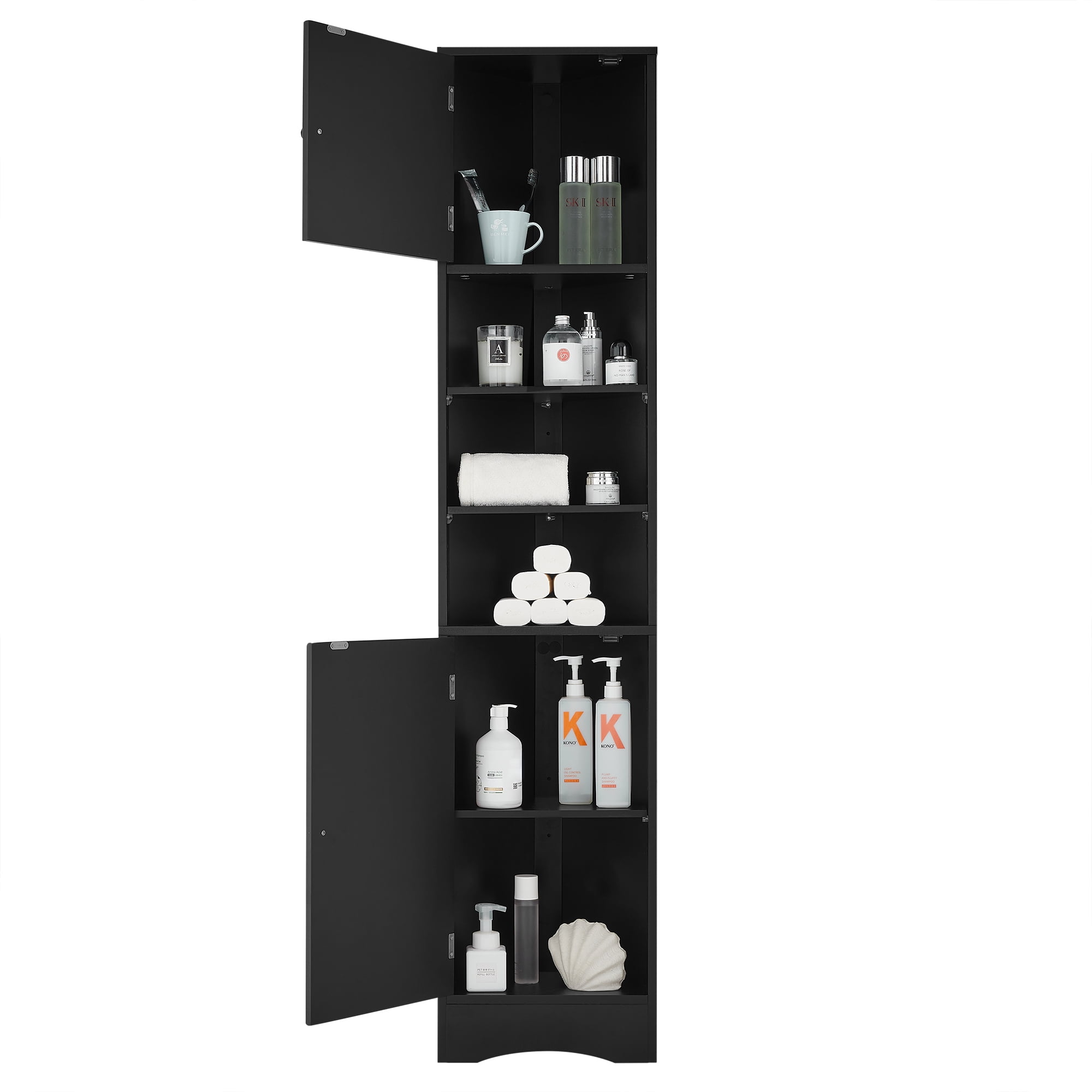 Leumius Multi-Functional Corner Bathroom Storage Cabinet with Two Doors, Adjustable Shelves, Open Shelf, Triangle Space-Saving Design, Black Finish