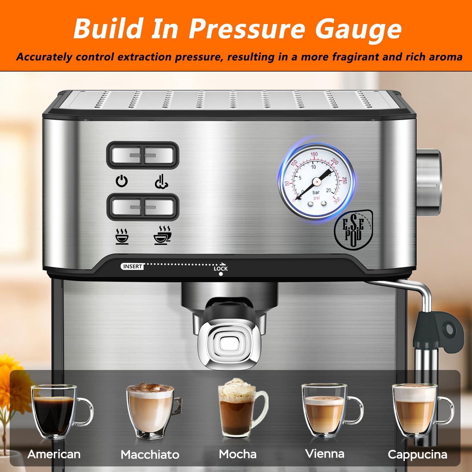 Home compact professional 20-bar espresso machine with milk frother, steam wand, pressure gauge, 54-ounce water tank, fast and powerful coffee maker