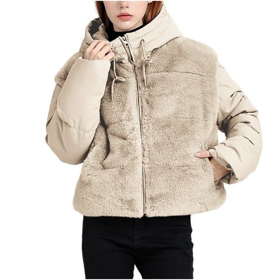 Women's Cold Weather Plus Size Puffer Jacket Casual Splicing Hooded Drawstring Solid Color Short Jacket Packable Puffer Jacket(Khaki M)