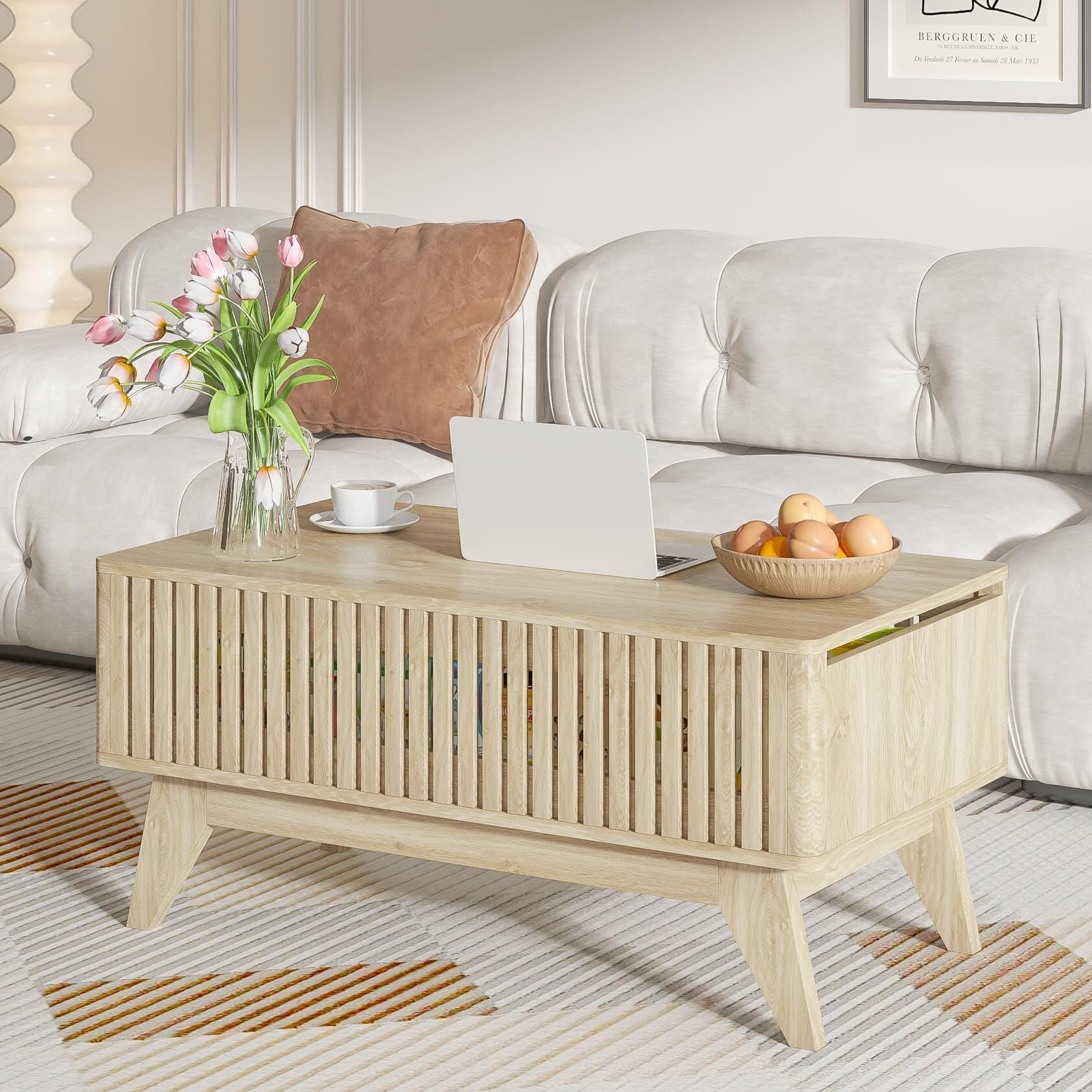 Lift Top Coffee Table with Hidden Storage, Mid Century Modern Fluted Farmhouse Center Table for Living Room, Wood
