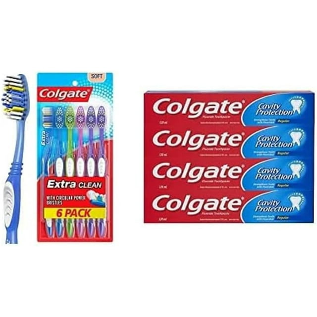 Colgate Brosse à Dents Extra Clean, Tête Complète, Souple (6 Unités) + Dentifrice au Fluorure Colgate Protection contre les Caries, Régulier, 4 X 120 ml