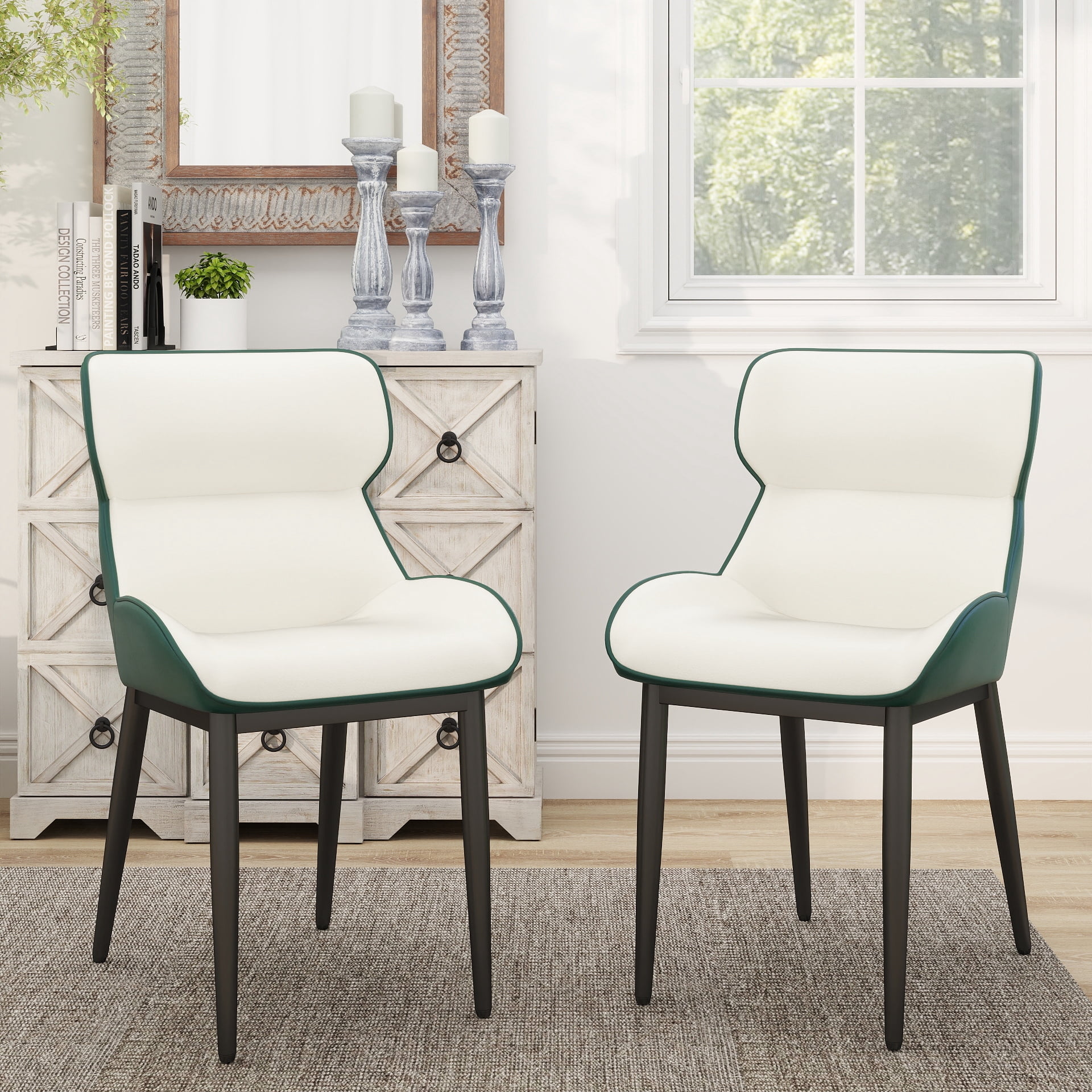 bokifol Modern Dining Chairs Set of 2, Mid-Century Upholstered PU Leather Chairs,Dark Brown,Vintage Green