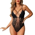 thumbnail image 1 of Body de malla de encaje con escote en V profundo para mujer, lencería de una pieza con entrepierna a presión, copa triangular de moda, para dormitorio, negro, M, 1 of 6
