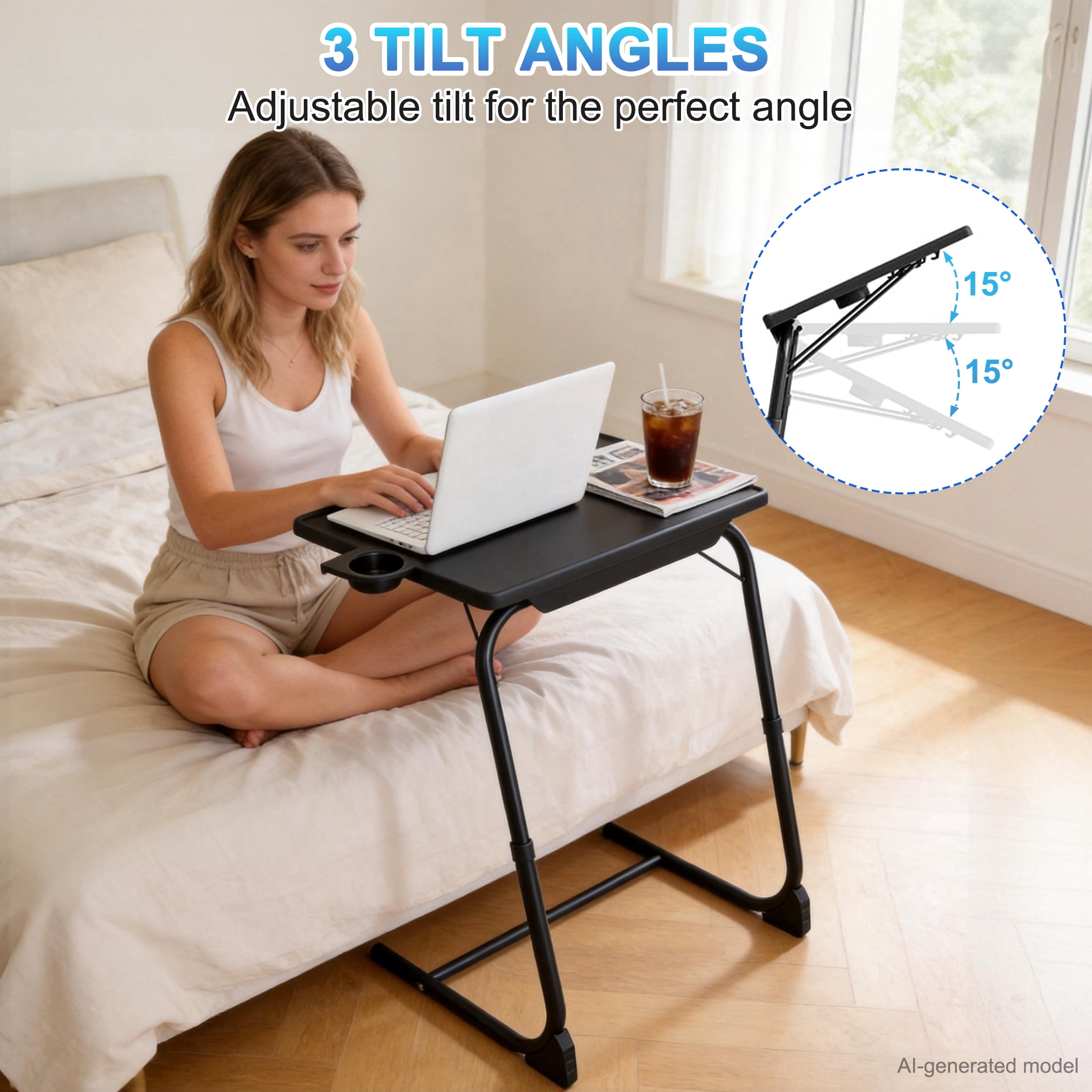 Adjustable TV Tray Table with 6 Height & 3 Tilt Angle, Folding TV Dinner Tray, TV Table with Cup Holder on Bed & Sofa, Portable C-Shaped Side Dinner Tray Table