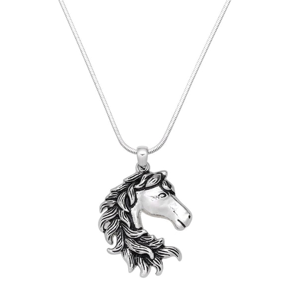 Horse Pendant Necklace Rhodium Plated 17 Inch Snake Chain J1058