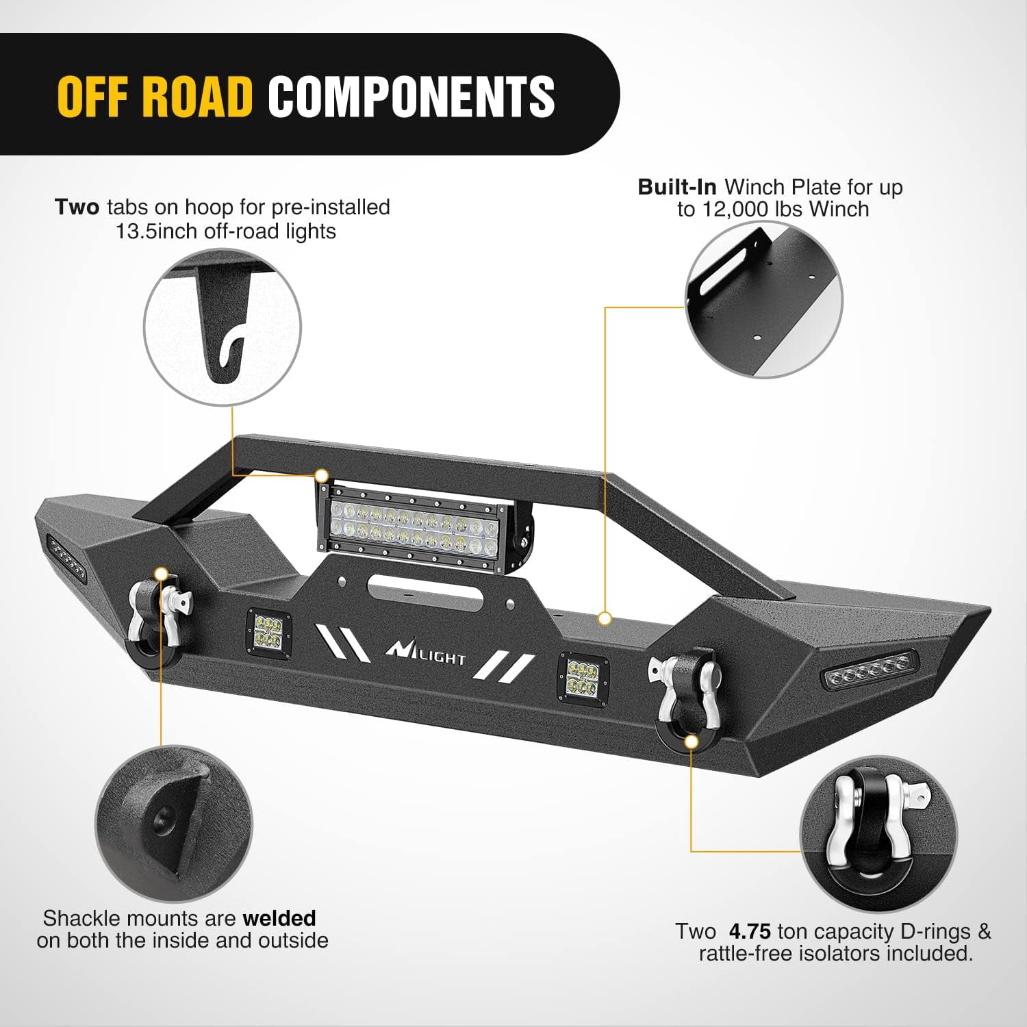 Nilight Front Bumper Compatible for 2007-2018 Wrangler JK/JKU 2018-2022 JL/JLU 2020-2022 Gladiator JT with 72W LED Light Bar 2 x 18W Light Pod 2X 18W Single Row Work Light Winch Plate
