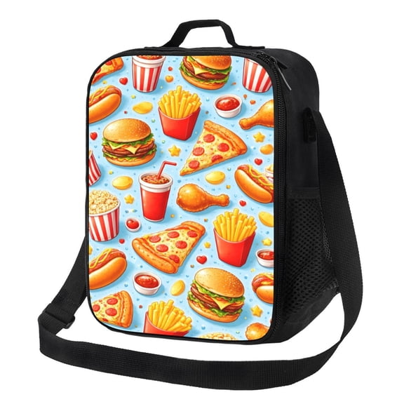 Fast Food Pattern Lunch Bag Insulated Thermal Lunch Box with Shoulder Strap & Handle for Women and Men
