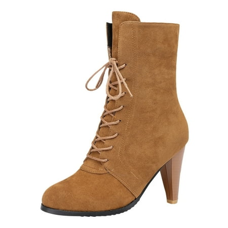 

Mackneog Women Heeled Lace Up Slouchy High Heel Boots Mid Boots Casual Shoes Short Boots Gift on Clearance